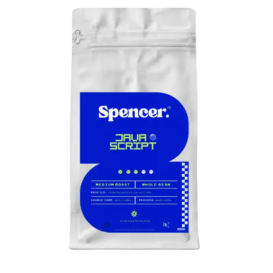 Coffee bag with 'Spencer' branding on a white background